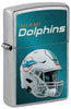 Front shot of NFL Miami Dolphins Helmet Street Chrome Windproof Lighter standing at a 3/4 angle.