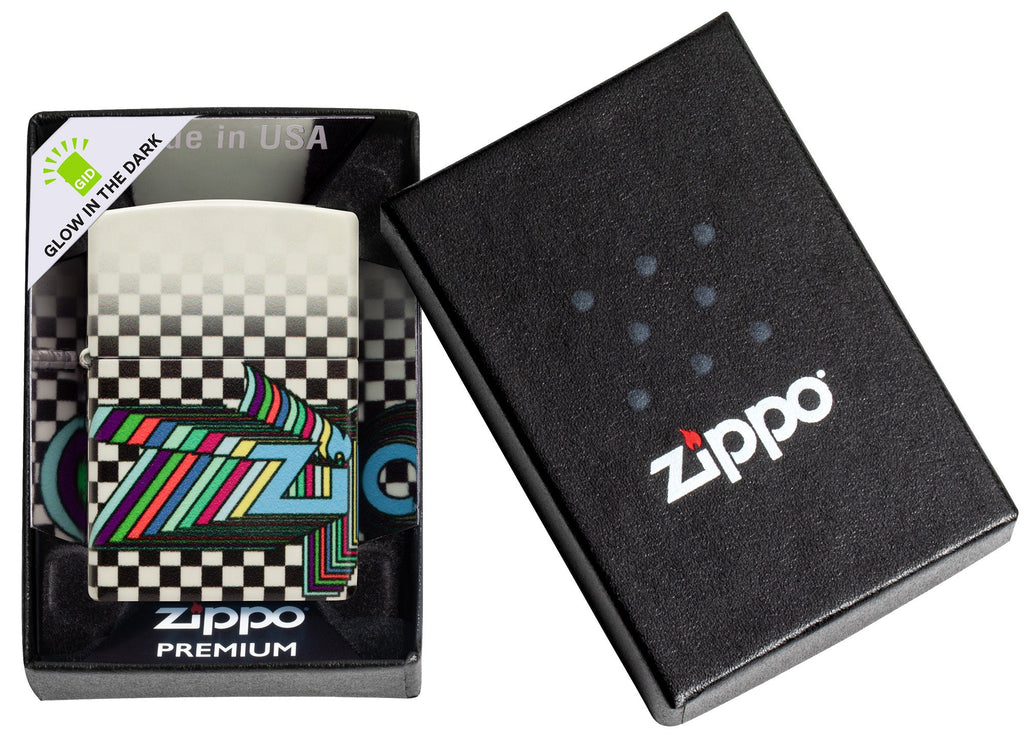 Zippo Nostalgia Design 540 Color Glow in the Dark Windproof Lighter in its packaging.