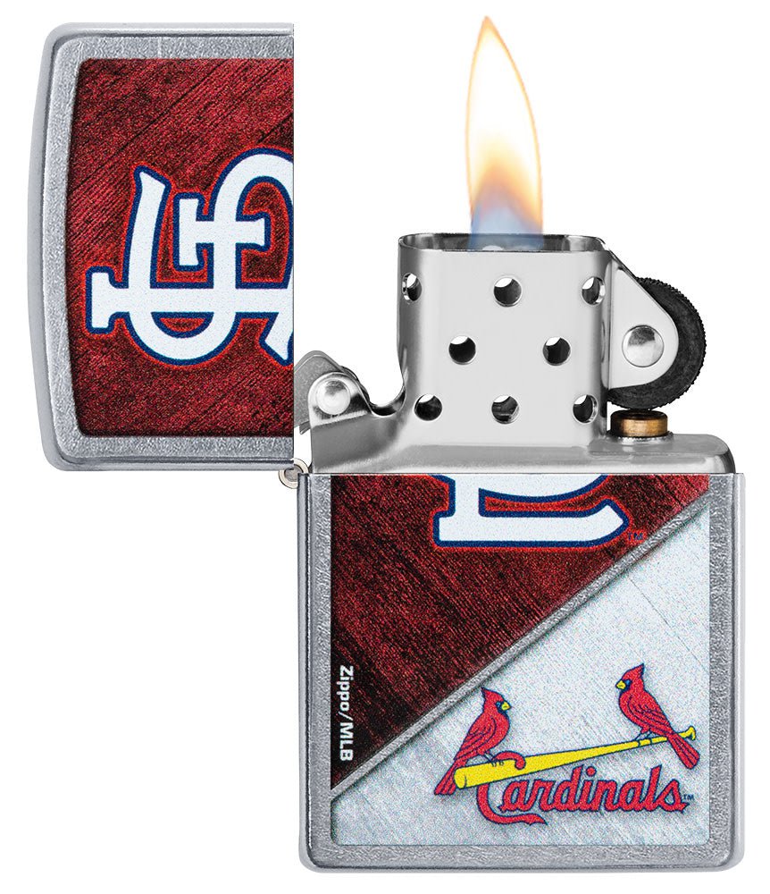 MLB™ St. Louis Cardinals™ Street Chrome™ Windproof Lighter with its lid open and lit.