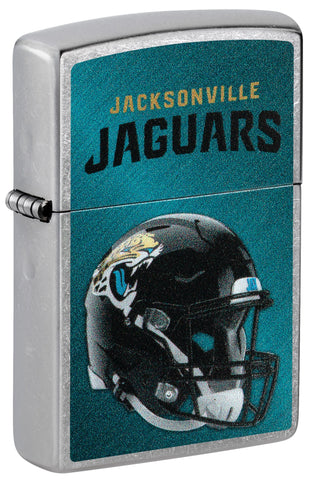 Front shot of NFL Jacksonville Jaguars Helmet Street Chrome Windproof Lighter standing at a 3/4 angle.