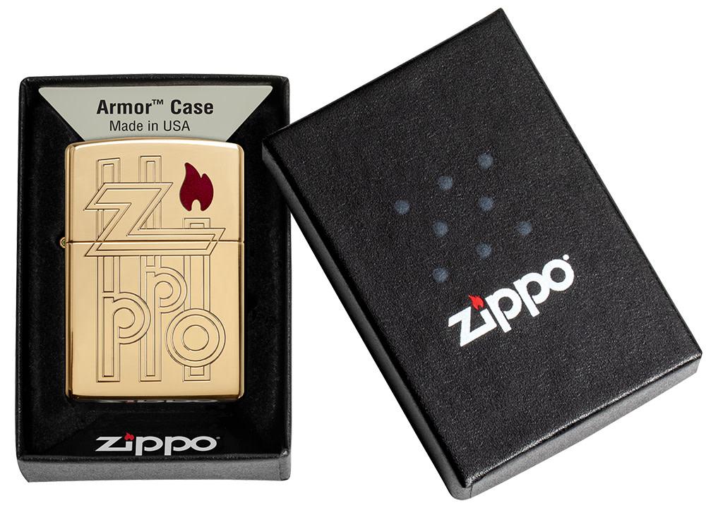 Armor® High Polished Brass Abstract Zippo Logo Windproof Lighter in its packaging