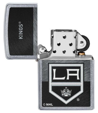NHL® LA Kings Street Chrome™ Windproof Lighter with its lid open and unlit