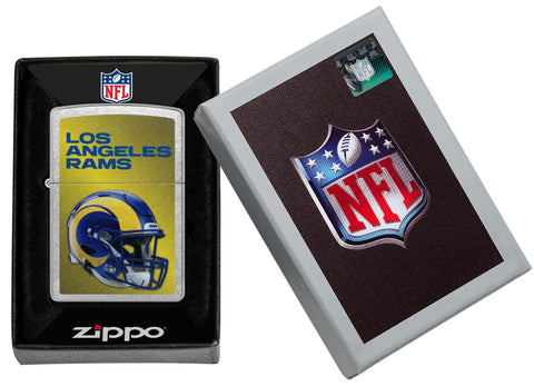 Zippo NFL Los Angeles Rams Helmet Street Chrome Windproof Lighter in its packaging.