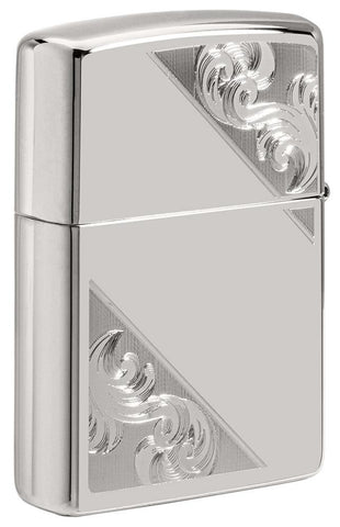 Back shot of Sterling Silver Diagonal Filigree Design Windproof Lighter standing at a 3/4 angle