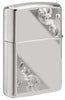 Back shot of Sterling Silver Diagonal Filigree Design Windproof Lighter standing at a 3/4 angle