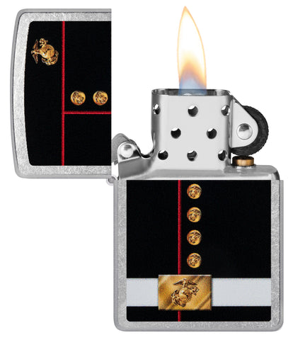 Zippo U.S Marines Corps Dress Blues Street Chrome Windproof Lighter with its lid open and unlit.