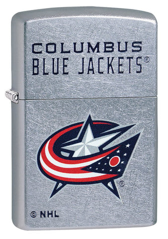Front of NHL Columbus Blue Jackets Street Chrome™ Windproof Lighter standing at a 3/4 angle