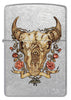 Front view of Zippo Rick Rietveld Floral Bull Skull Street Chrome Windproof Lighter.