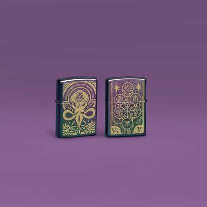Lifestyle image of Zippo Evil Design Iridescent Windproof Lighters standing in a purple scene.