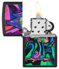 Black Light Trippy Mushroom Black Matte Windproof Lighter with its lid open and lit.