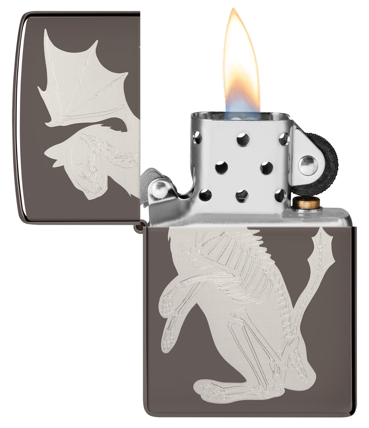 Dragon Cat Design Black IceÂ® Windproof Lighter with its lid open and lit.