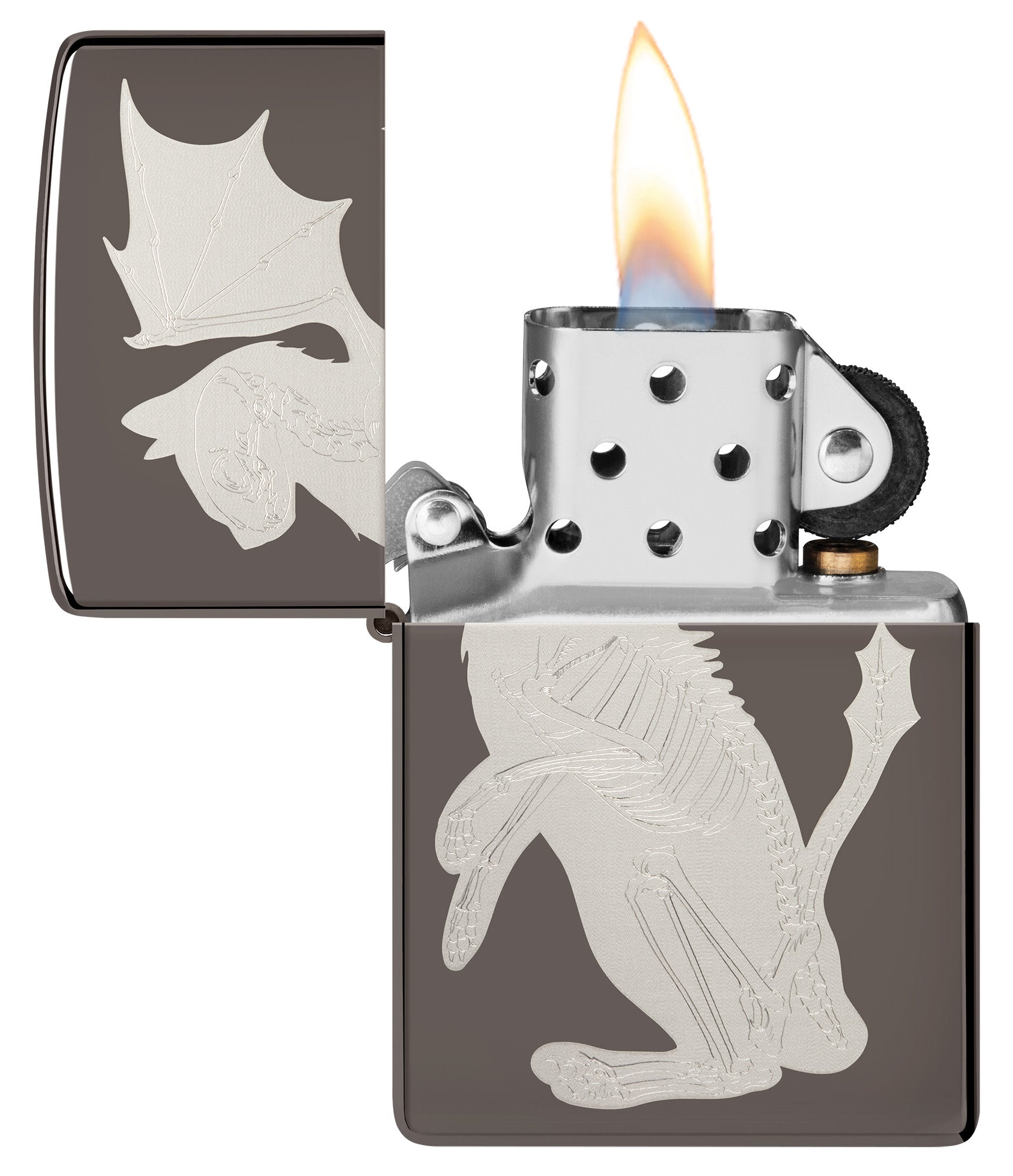 Dragon Cat Design Black IceÂ® Windproof Lighter with its lid open and lit.
