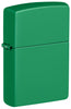 Front shot of Zippo Grass Green Matte Classic Windproof Lighter standing at a 3/4 angle.