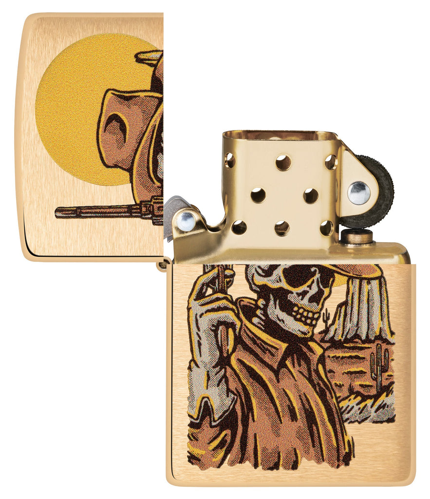 Zippo Wild West Skeleton Design Brushed Brass Windproof Lighter with its lid open and unlit.