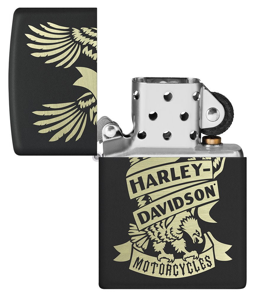 Harley-DavidsonÂ® Eagle Black Matte Windproof Lighter with its lid open and unlit.