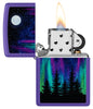Zippo Northern Lights Design Purple Matte Windproof Lighter with its lid open and lit.