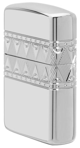 Angled view of Armor® Sterling Silver Diamond Pattern Design Windproof Lighter, showing the front and the right side of the lighter.