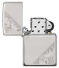 Sterling Silver Diagonal Filigree Design Windproof Lighter with its lid open and unlit