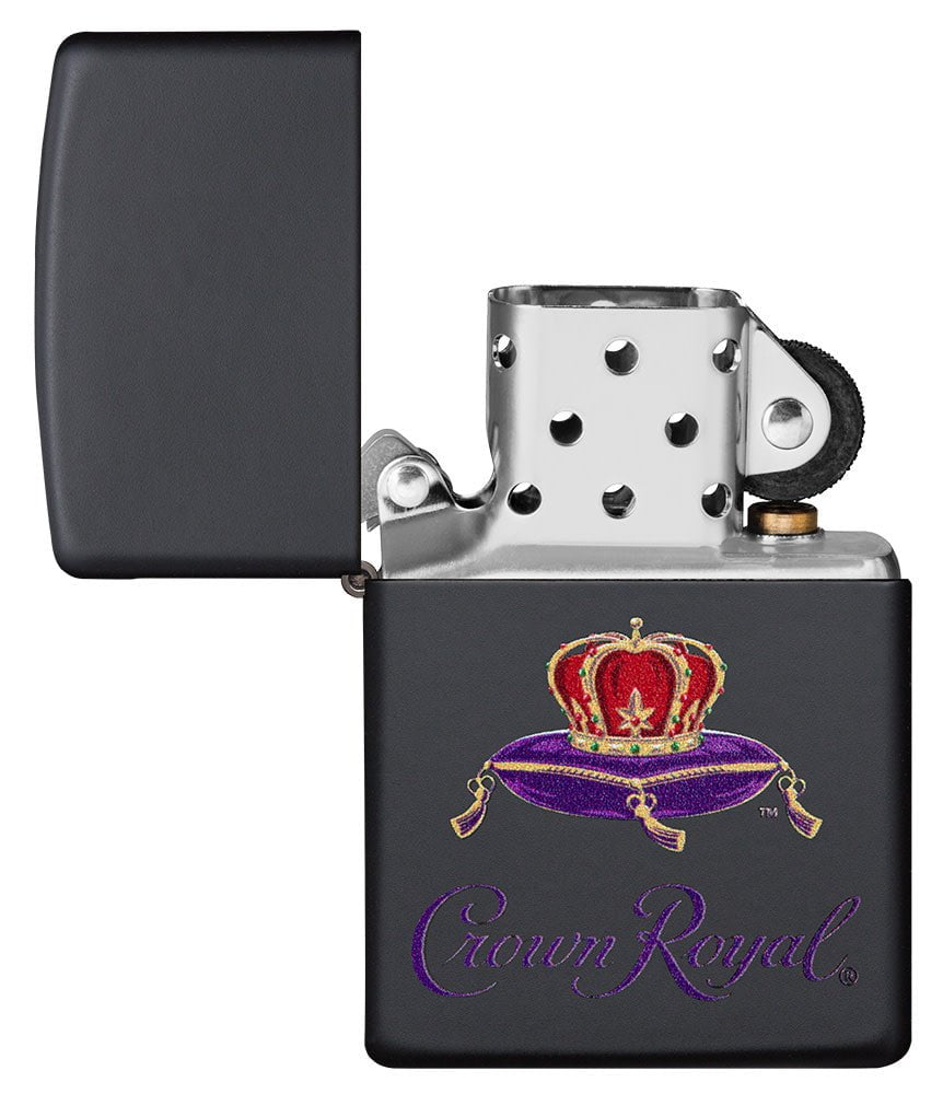 Crown Royal® Logo Black Matte Windproof Lighter with its lid open and unlit.