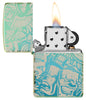 Laser 360° Tattoo Theme Design High Polish Teal Windproof Lighter with its lid open and lit.