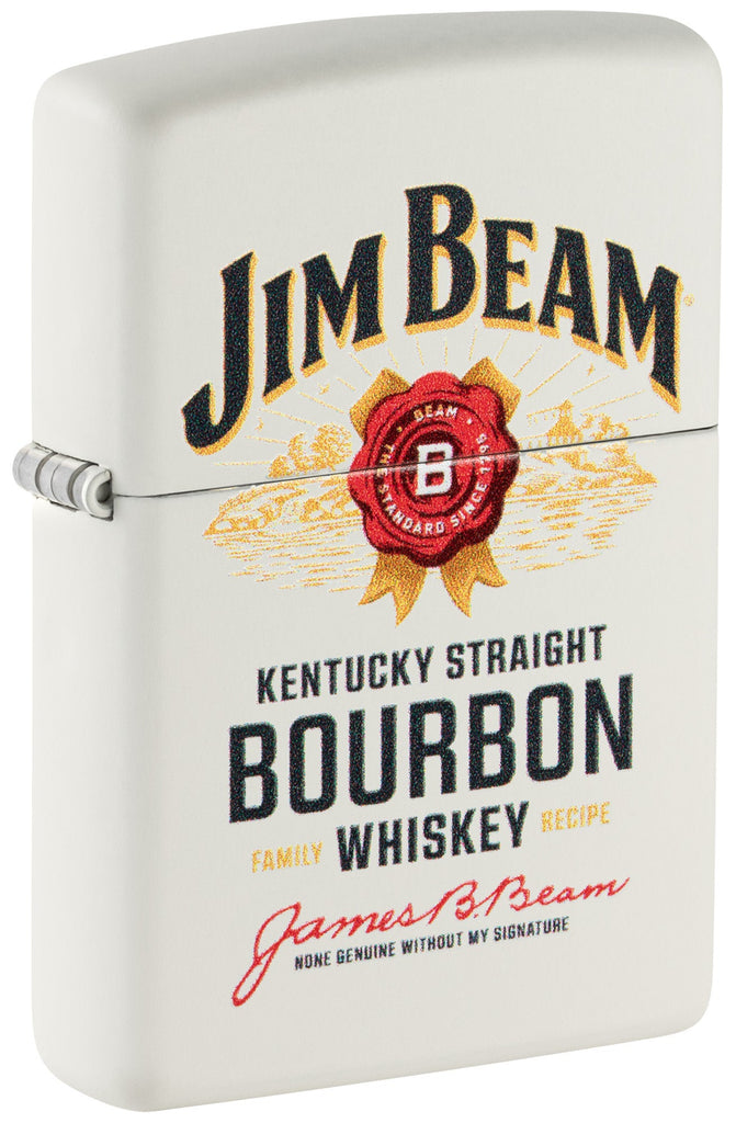 Front shot of Jim Beam Label Logo White Matte Windproof Lighter standing at a 3/4 angle.