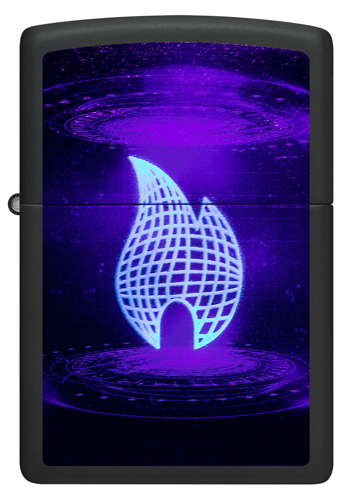 Front view of Zippo Black Light UFO Flame Design Black Matte Windproof Lighter glowing with a black light.