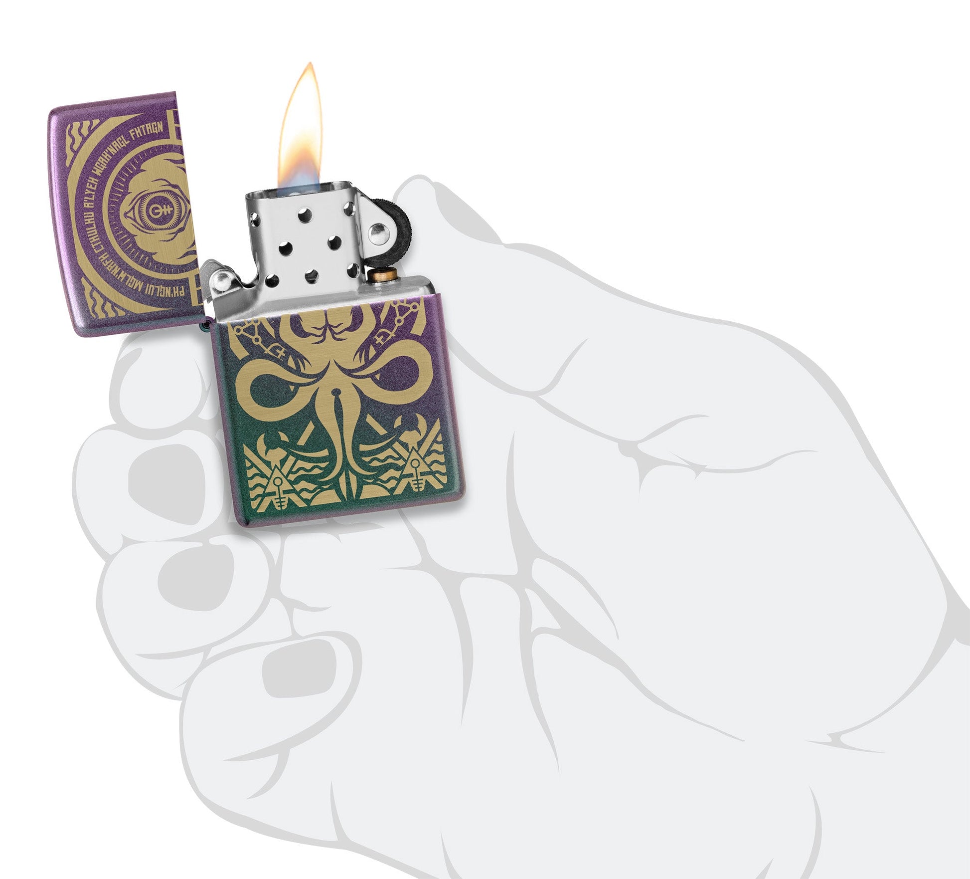 Zippo Evil Design Iridescent Windproof Lighter lit in hand.