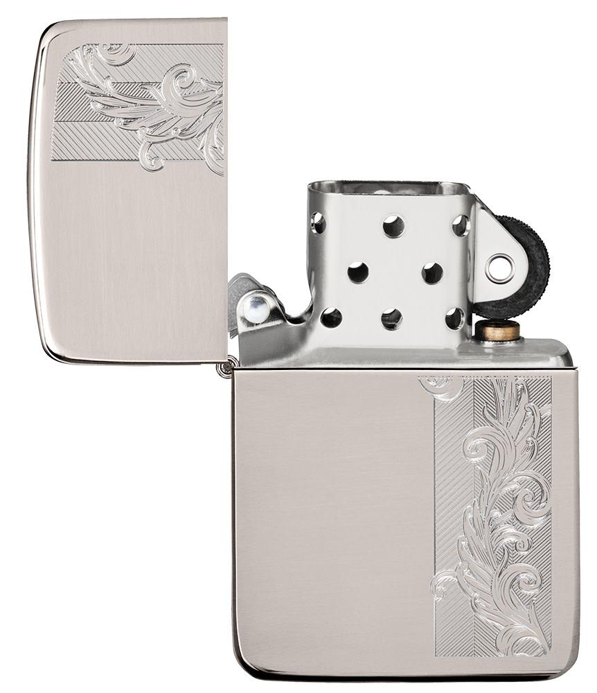 1941 Replica Sterling Silver Herringbone Filigree Design Windproof Lighter with its lid open and unlit