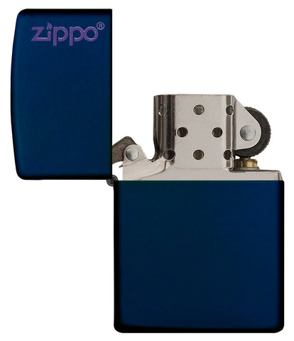 Classic Navy Blue Matte with Zippo Logo with it's lid open and unlit.