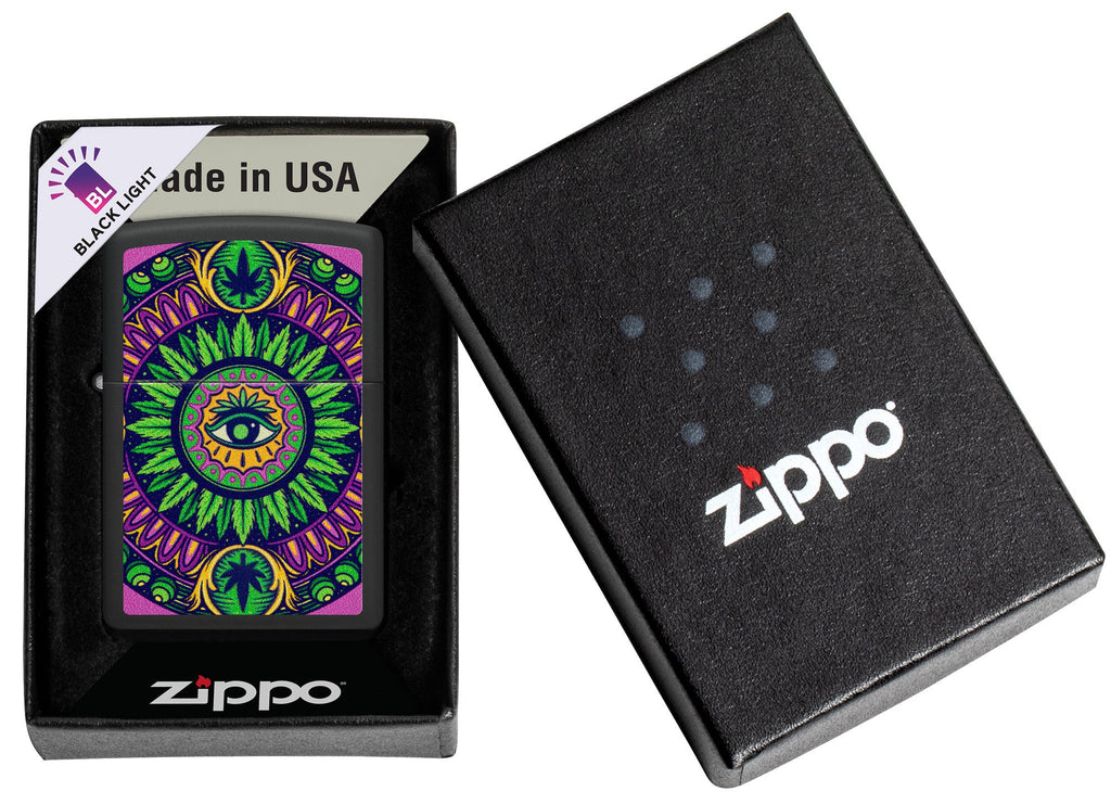 Zippo Black Light Cannabis Pattern Design Black Matte Windproof Lighter in its packaging.
