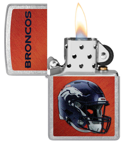 NFL Denver Broncos Helmet Street Chrome Windproof Lighter with its lid open and lit.