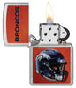NFL Denver Broncos Helmet Street Chrome Windproof Lighter with its lid open and lit.