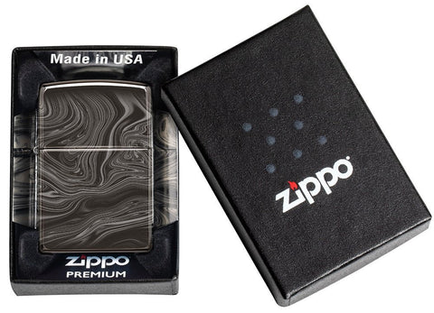 Marble Pattern Design High Polish Black Windproof Lighter in its packaging.
