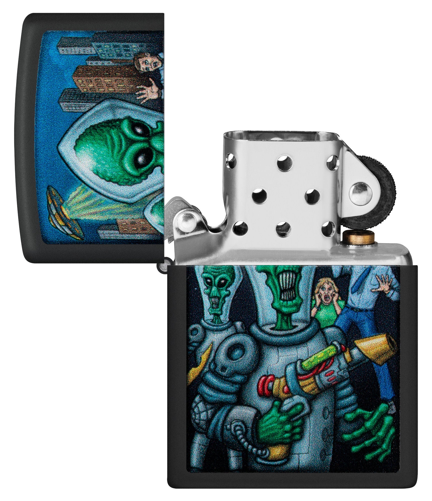 Zippo Alien Attack Design Black Matte Pocket Lighter with its lid open and unlit.