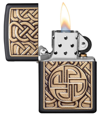Norse Emblem Design Black Matte Windproof Lighter with its lid open and lit