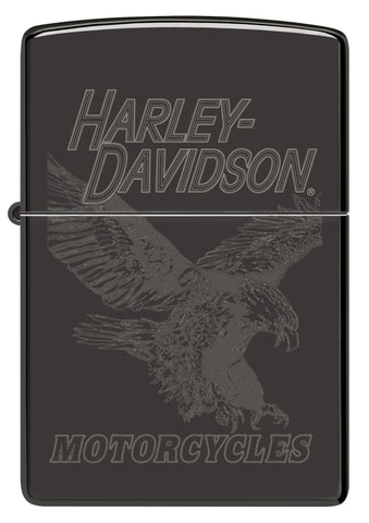 Front view of Zippo Harley-Davidson Laser Fancy Fill High Polish Black Windproof Lighter.