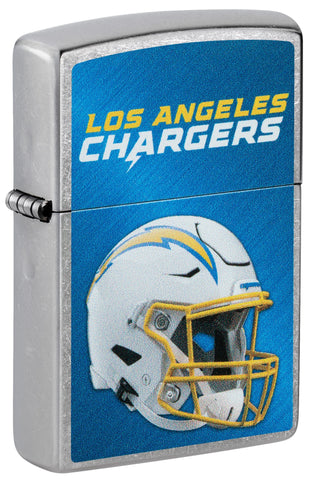 Front shot of NFL Los Angeles Chargers Helmet Street Chrome Windproof Lighter standing at a 3/4 angle.