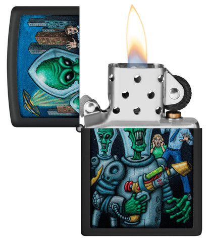 Zippo Alien Attack Design Black Matte Pocket Lighter with its lid open and lit.