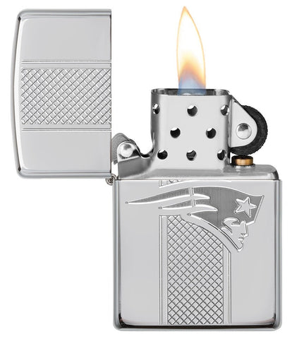 NFL New England Patriots Deep Carve Collectible Windproof Lighter with its lid open and lit