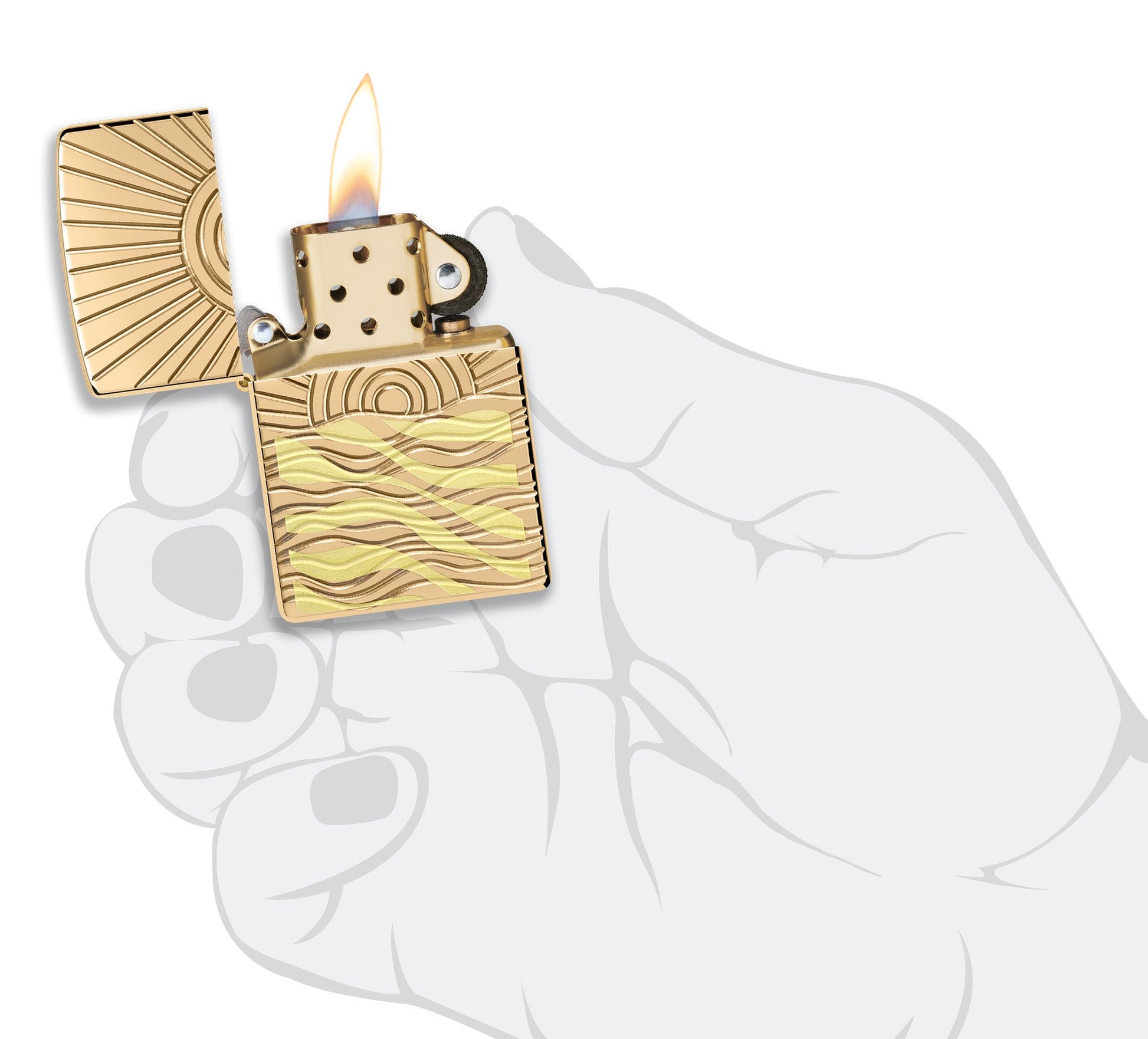 SunBeam Pendant ArmorÂ® High Polish Brass Windproof Lighter lit in hand.
