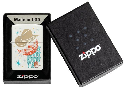 Zippo Howdy Cowboy White Matte Windproof Lighter in its packaging.