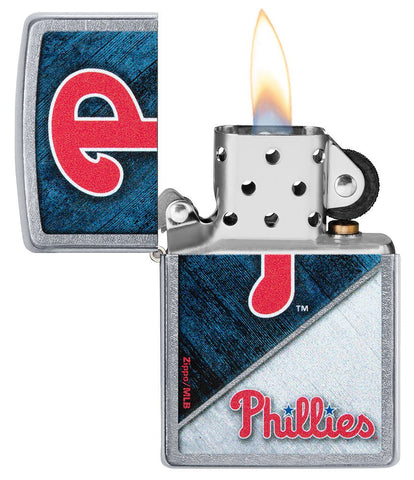 MLB® Philadelphia Phillies™ Street Chrome™ Windproof Lighter with its lid open and lit.