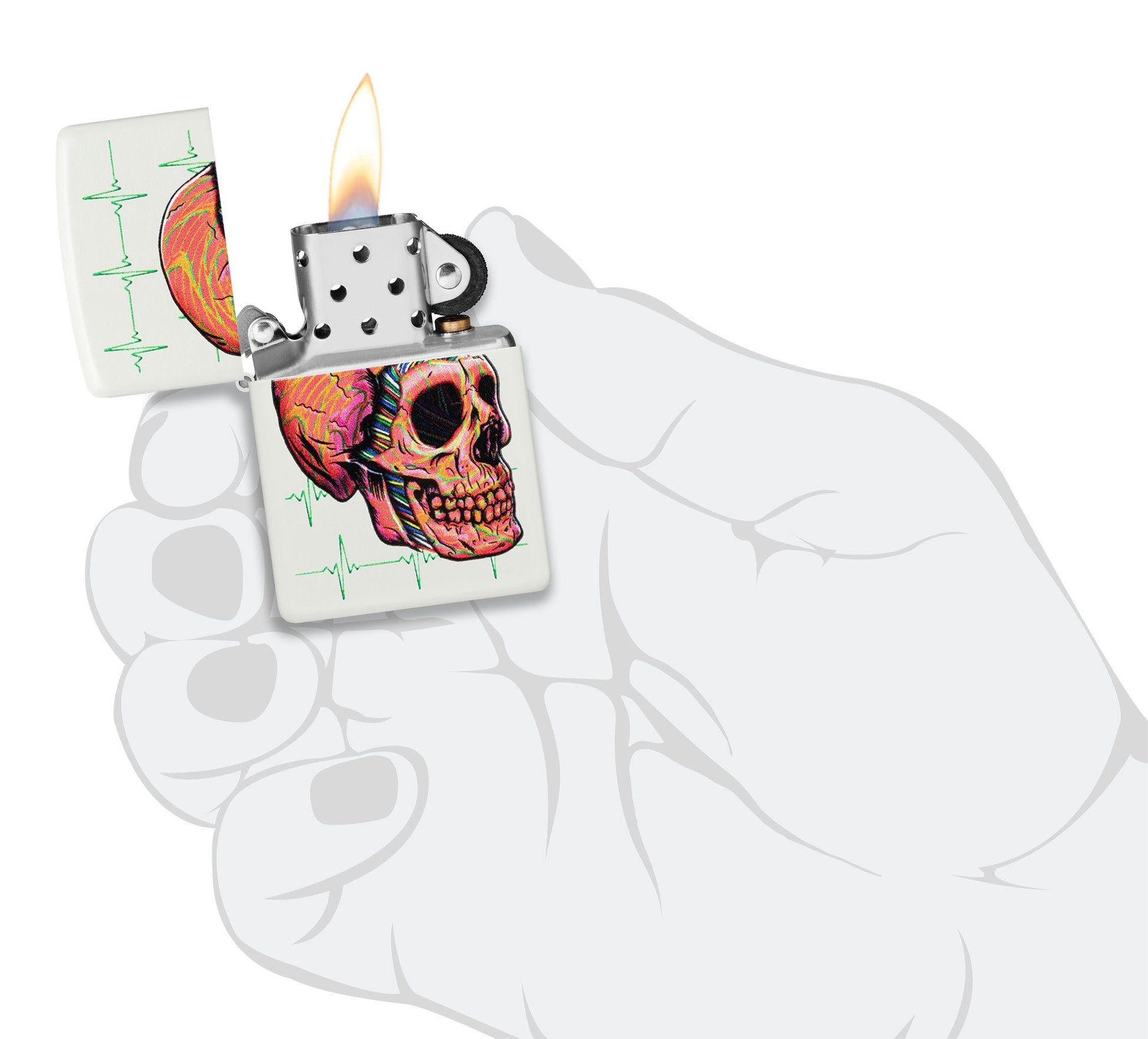 Zippo Cyber Skull Design White Matte Windproof Lighter lit in hand.