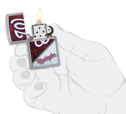 MLB® Washington Nationals™ Street Chrome™ Windproof Lighter lit in hand.