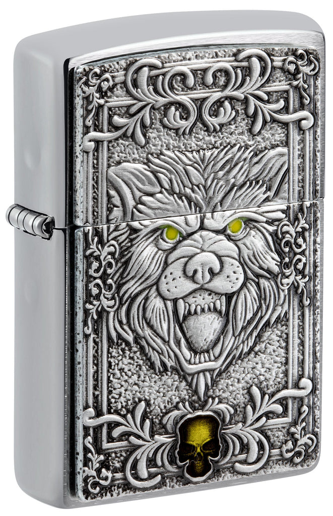 Front shot of Zippo Wolf Emblem Design Brushed Chrome Windproof Lighter standing at a 3/4 angle.