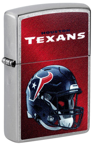 Front shot of NFL Houston Texans Helmet Street Chrome Windproof Lighter standing at a 3/4 angle.