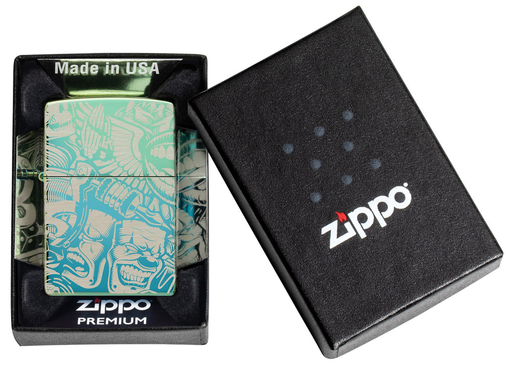 Laser 360° Tattoo Theme Design High Polish Teal Windproof Lighter in its packaging.