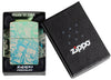 Laser 360° Tattoo Theme Design High Polish Teal Windproof Lighter in its packaging.