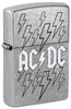 Front shot of Zippo AC/DC Design Street Chrome Windproof Lighter standing at a 3/4 angle.