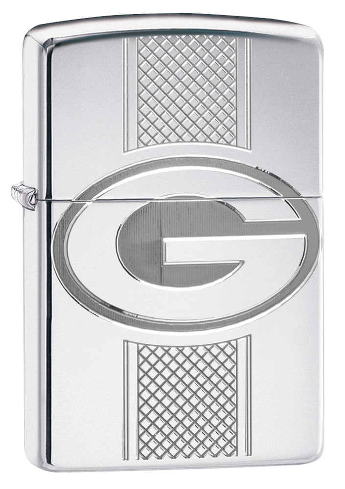Front shot of NFL Green Bay Packers Deep Carve Collectible Windproof Lighter standing at a 3/4 angle